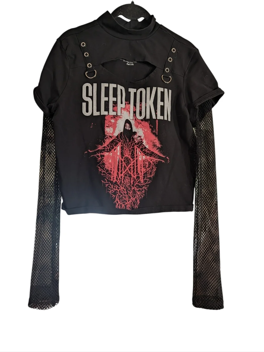 π€ Sleep Token Cutout Harness Top Fishnet Layered Goth Alt Band Tee Womenβs L - Picture 2 of 8